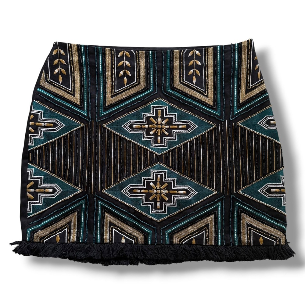 H&M Women 10 Black Teal Gold Beaded Geometric Southwestern Fringe Hem Mini Skirt